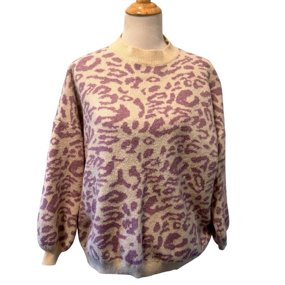 Main Strip Womens Purple Leopard Print Mock Neck Relaxed Knit Sweater Size Large
